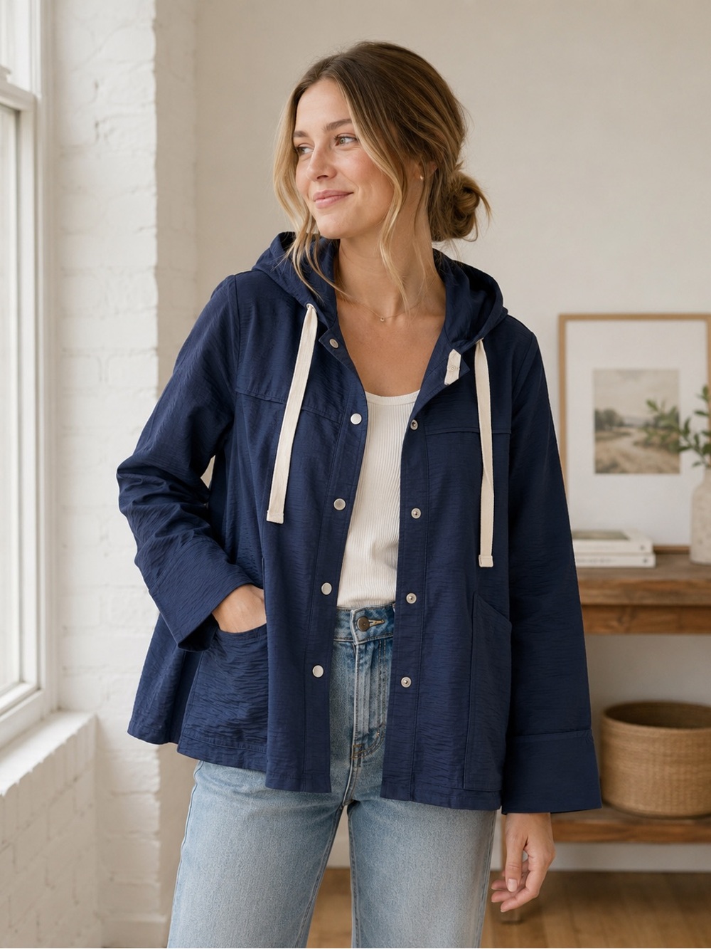 Anthropologie Guest Editor Navy Hooded Button-Front Jacket